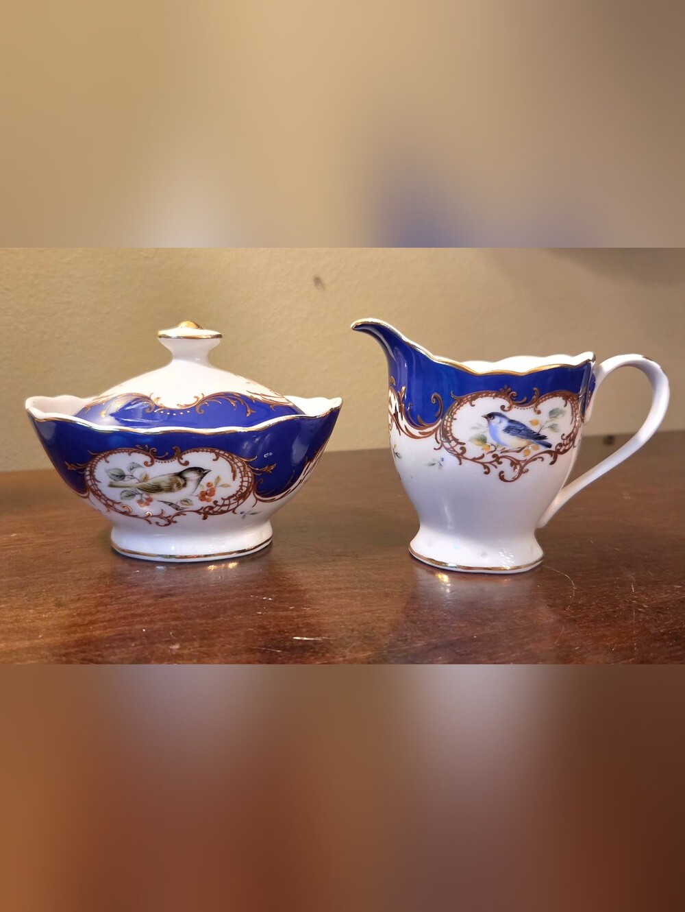 3 Pc Set Grace's Teaware Royal Blue Birds Porcelain Sugar Bowl & Cream Pitcher
